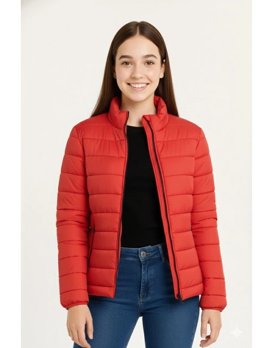 Kız Çocuk Şişme Mont Hafif ve Sıcak Tutucu Kışlık Fermuarlı Su İtici Rahat Günlük Mont Kapüşonuz Modern Tasarım - Kırmızı