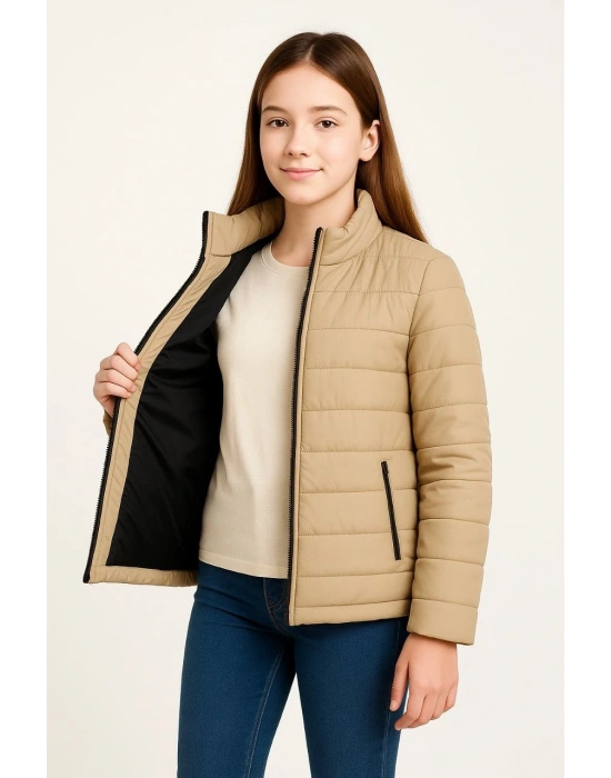 Kız Çocuk Şişme Mont Hafif ve Sıcak Tutucu Kışlık Fermuarlı Su İtici Rahat Günlük Mont Kapüşonuz Modern Tasarım - Bej