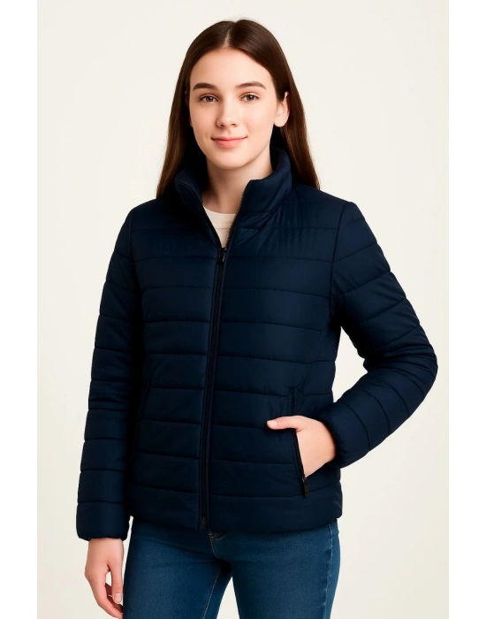 Kız Çocuk Şişme Mont Hafif ve Sıcak Tutucu Kışlık Fermuarlı Su İtici Rahat Günlük Mont Kapüşonuz Modern Tasarım - Lacivert