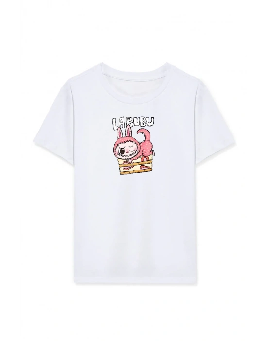 Kız Labubu Çocuk Baskılı T-Shirt - Beyaz