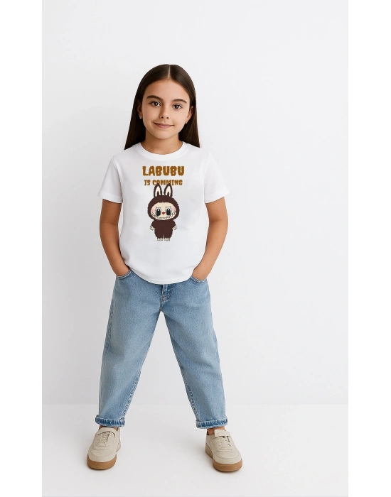 Kız Labubu Çocuk Baskılı T-Shirt - Beyaz
