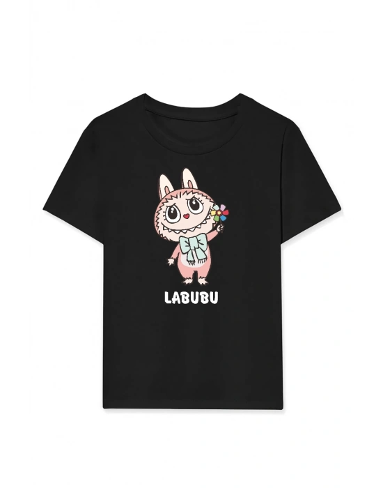 Kız Labubu Çocuk Baskılı T-Shirt - Siyah