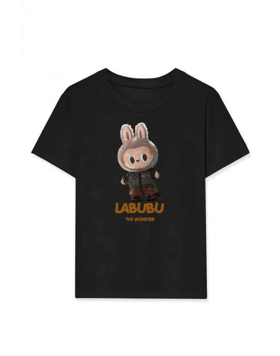 Kız Labubu Çocuk Baskılı T-Shirt - Siyah
