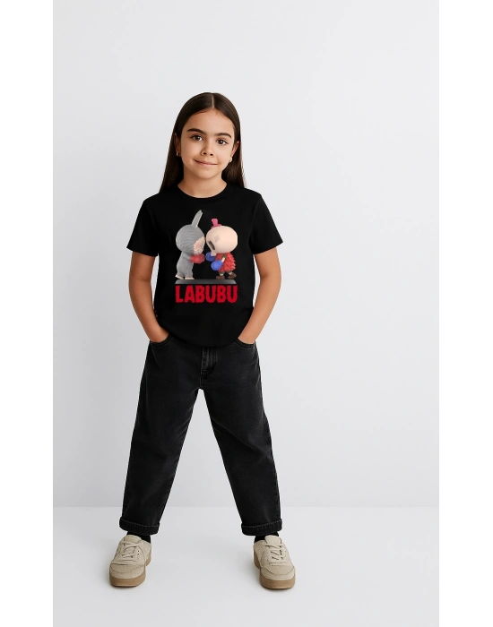 Kız Labubu Çocuk Baskılı T-Shirt - Siyah