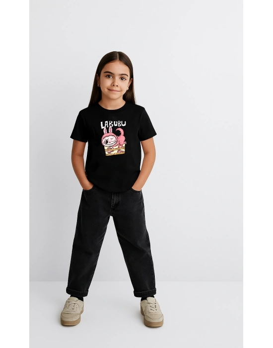 Kız Labubu Çocuk Baskılı T-Shirt - Siyah