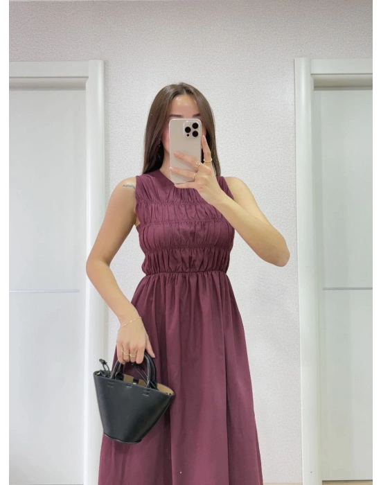 Kolsuz Göğüs Lastıklı %100 Poplin Uzun Elbise - Bordo