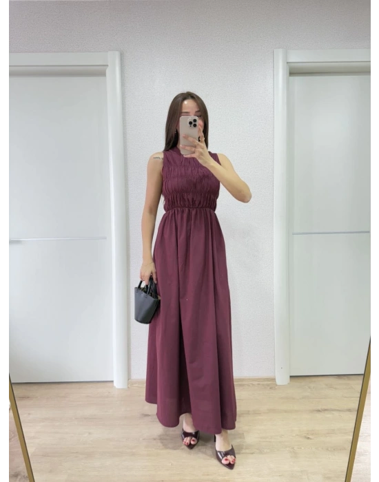 Kolsuz Göğüs Lastıklı %100 Poplin Uzun Elbise - Bordo