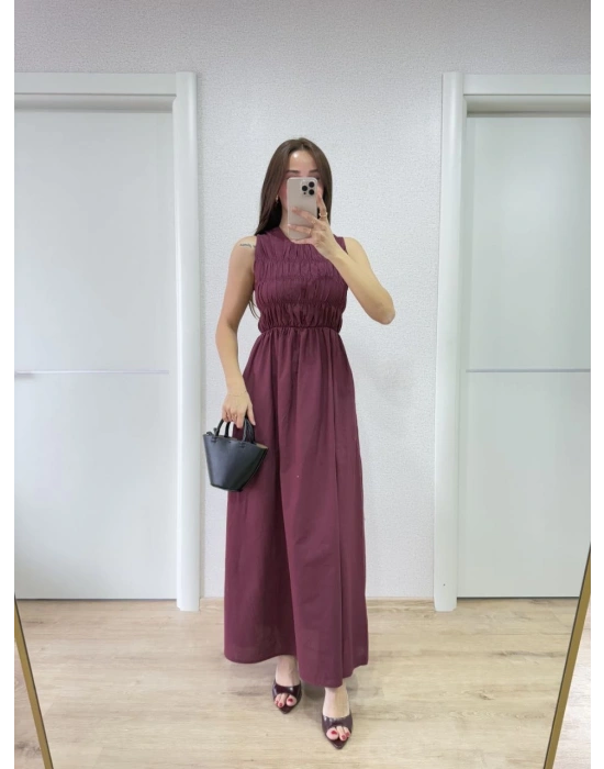Kolsuz Göğüs Lastıklı %100 Poplin Uzun Elbise - Bordo