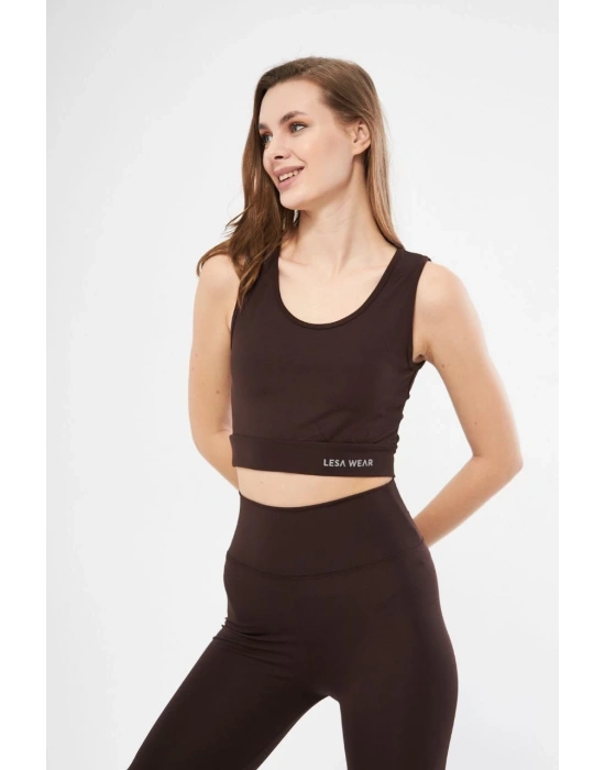 Kolsuz Sporcu Baskılı Crop - Kahve