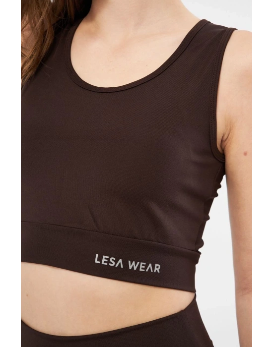 Kolsuz Sporcu Baskılı Crop - Kahve