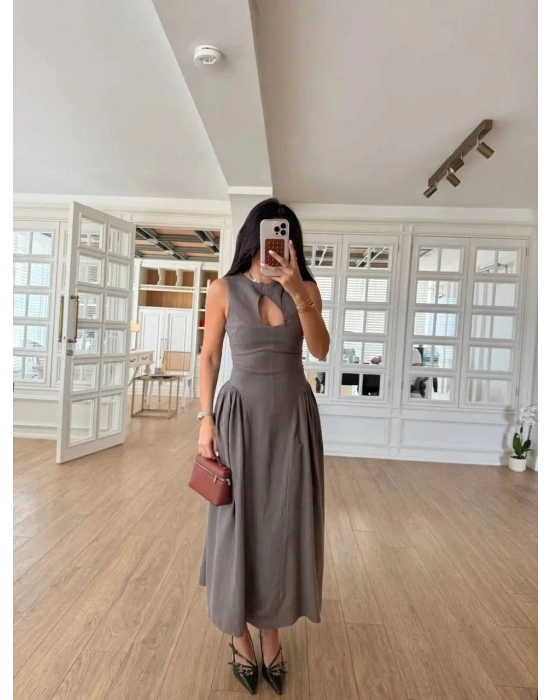 Kolsuz Uzun Kabardin Elbise - Gri