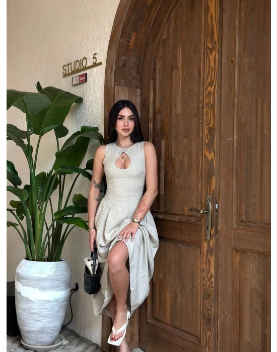 Kolsuz Uzun Kabardin Elbise - Gri