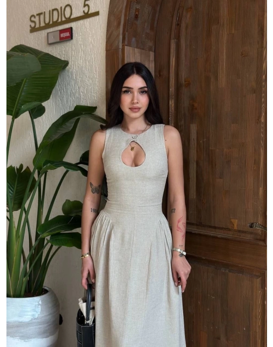 Kolsuz Uzun Kabardin Elbise - Gri