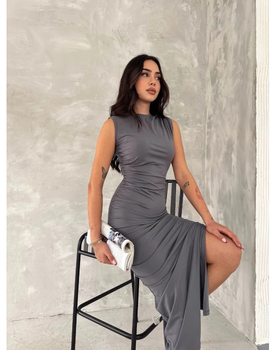 Kolsuz Yırtmaçlı Uzun maxı boy Elbise - Gri