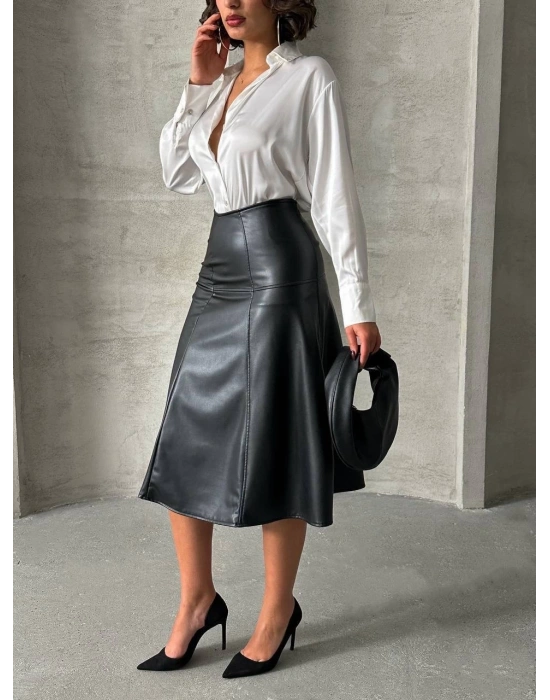 Komple parçalı deri etek siyah h26441