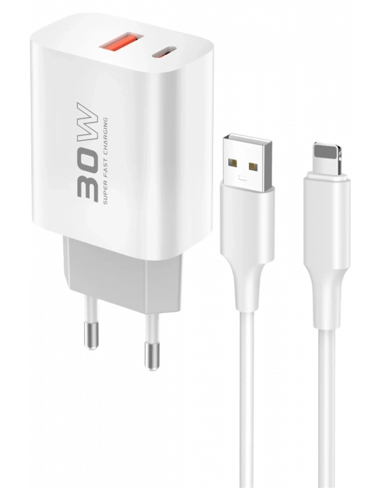 Konfulon C89Q 1 Adet 30W Type-C ve 1 Adet 22.5W USB Çıkışlı Ekstra DL48 1M USB to Lightning Kablolu PD Şarj Cihazı - Beyaz