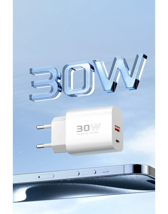 Konfulon C89Q 1 Adet 30W Type-C ve 1 Adet 22.5W USB Çıkışlı Ekstra DL48 1M USB to Lightning Kablolu PD Şarj Cihazı - Beyaz