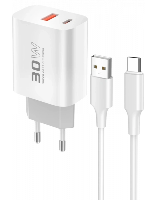 Konfulon C89Q 1 Adet 30W Type-C ve 1 Adet 22.5W USB Çıkışlı Ekstra DL49 1M USB to Type-C Kablolu PD Şarj Cihazı - Beyaz