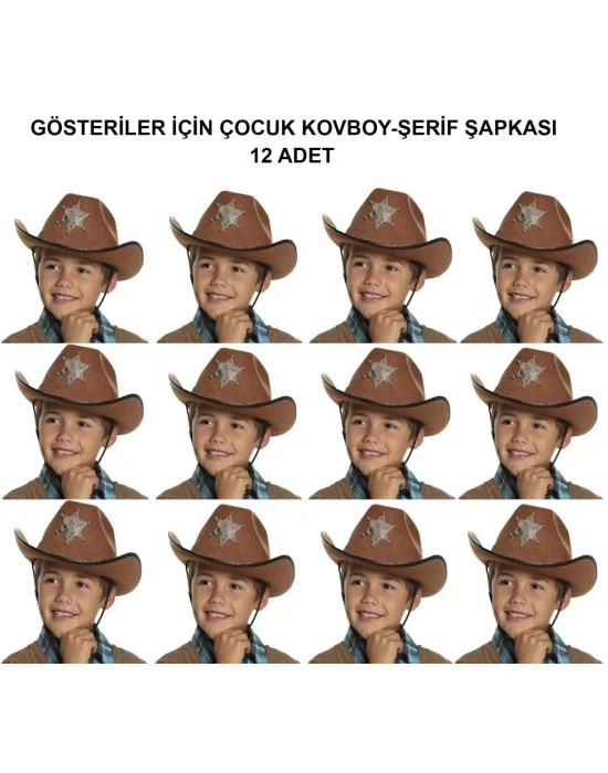 Kovboy Şerif Şapkası Kahve 12 Adet - Kostüm, Parti ve Gösteri Şapkası