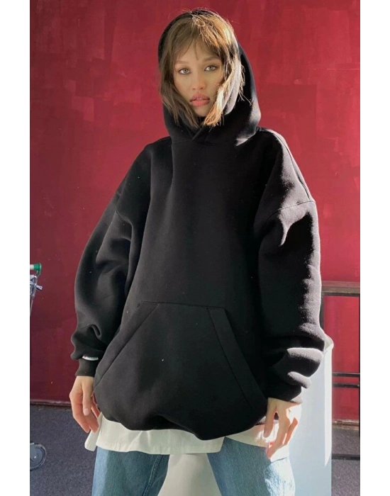 Koyu Siyah Kapüşonlu Şardonlu Oversize Sweatshirt MG1566