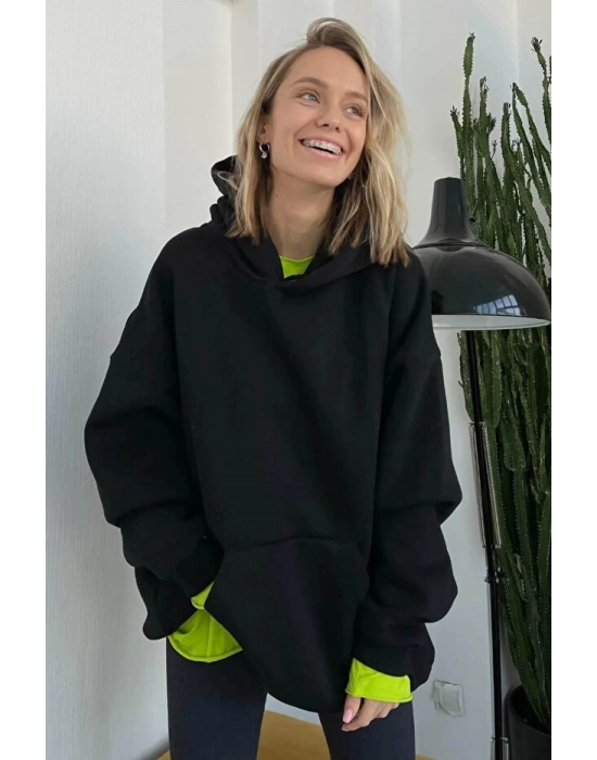 Koyu Siyah Kapüşonlu Şardonlu Oversize Sweatshirt MG1566