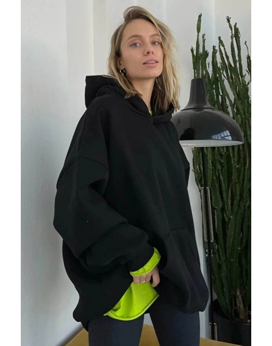 Koyu Siyah Kapüşonlu Şardonlu Oversize Sweatshirt MG1566