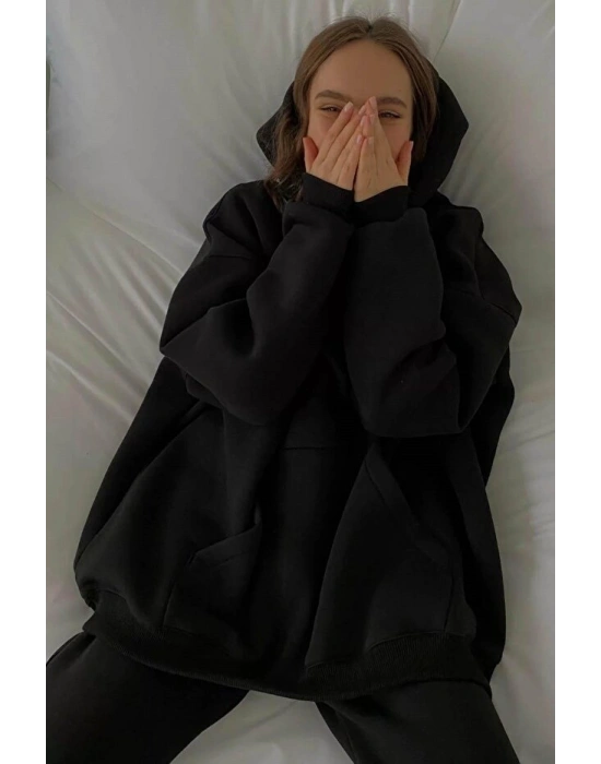 Koyu Siyah Kapüşonlu Şardonlu Oversize Sweatshirt MG1566