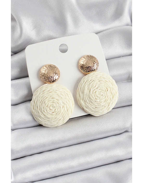 Krem Daire Figürlü Hasır Örgü Model Gold Renk Kadın Küpe