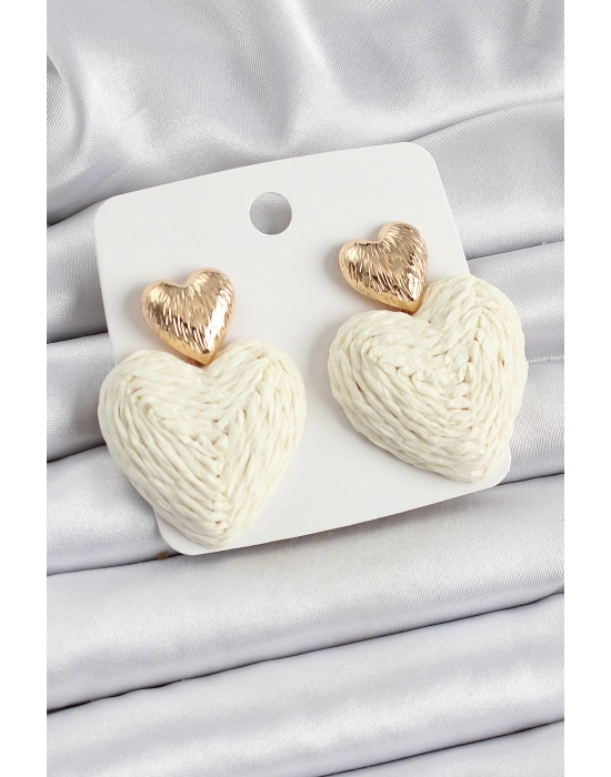 Krem Kalp Figürlü Hasır Örgü Model Gold Renk Kadın Küpe