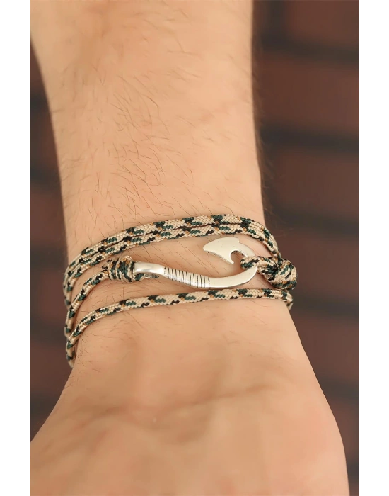 Krem Renk Çizgi Desenli Metal Kancalı Erkek Bileklik