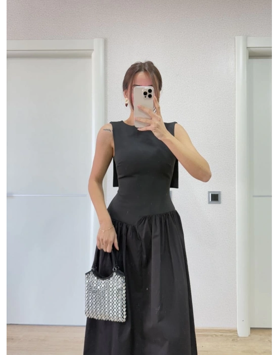 Krep Arkası Kanat Arka Ön Pens Detaylı Uzun Kadın Elbise - Siyah