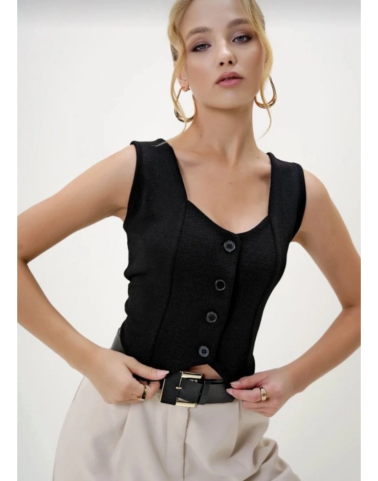 Krep kumaş düğmeli yelek siyah s3395