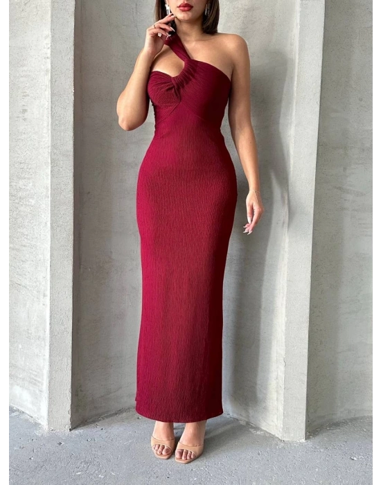Krinkıl tek omuz uzun elbise bordo s25455