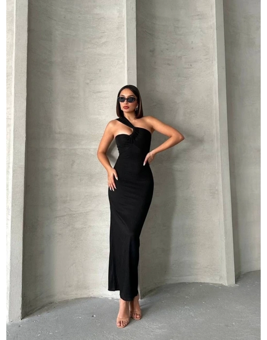 Krinkıl tek omuz uzun elbise siyah s25455