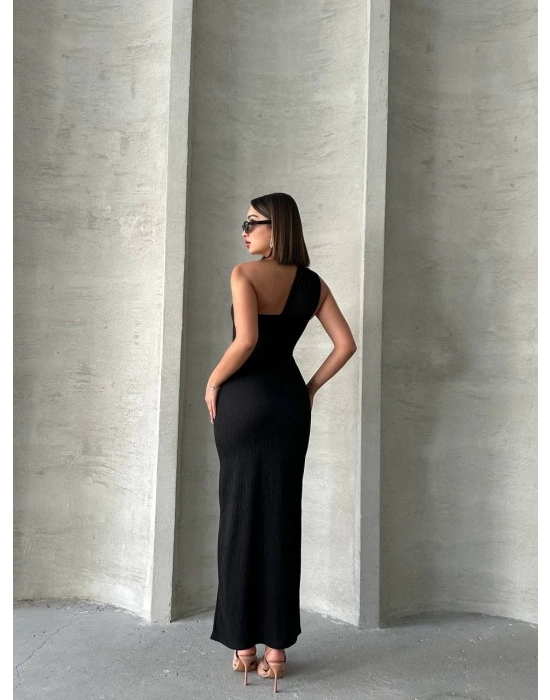 Krinkıl tek omuz uzun elbise siyah s25455