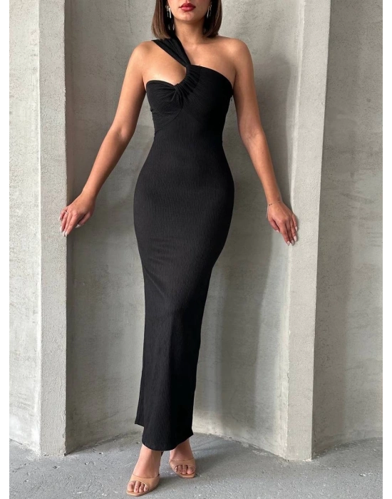 Krinkıl tek omuz uzun elbise siyah s25455