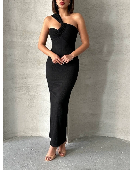 Krinkıl tek omuz uzun elbise siyah s25455