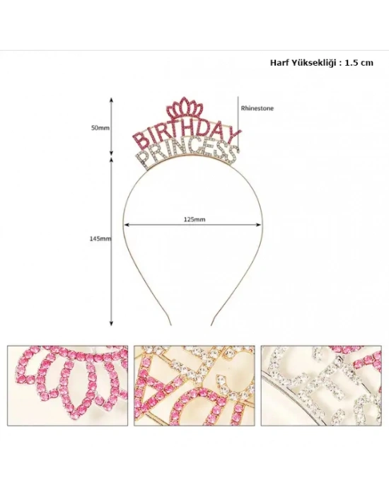 Kristal Taşlı Pembe Birthday Princess Yazılı Parti Tacı 19x11 cm