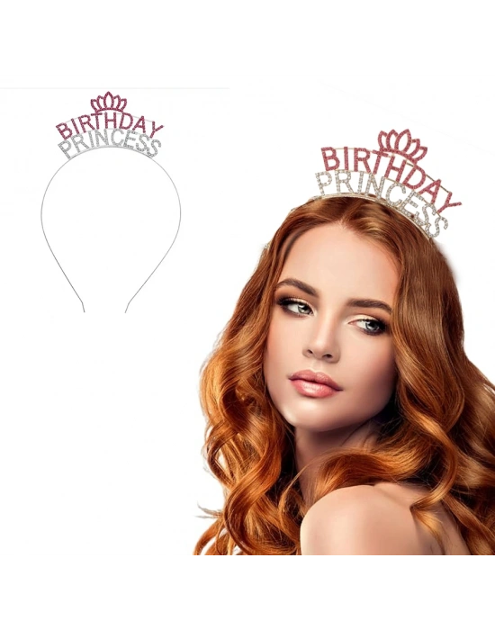 Kristal Taşlı Pembe Birthday Princess Yazılı Parti Tacı 19x11 cm