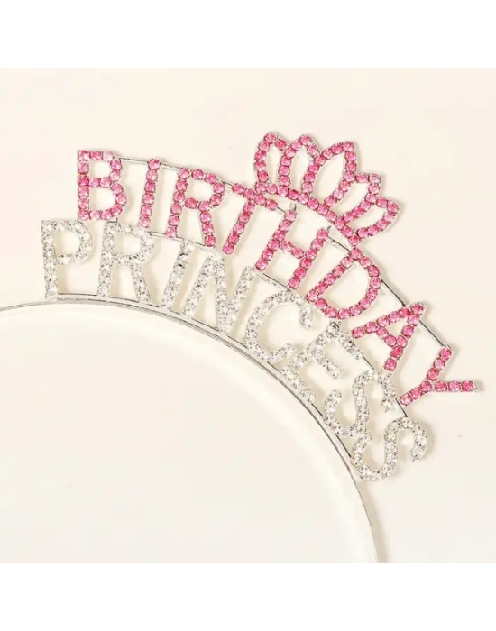 Kristal Taşlı Pembe Birthday Princess Yazılı Parti Tacı 19x11 cm