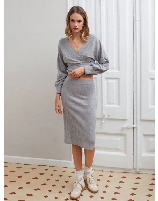 Kruvaze şardonlu etekli takım gri