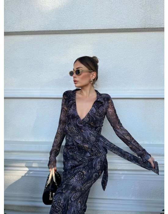 Kruvaze V yaka, fırfırlı ve bağcıklı Desenli Bluz ve Midi Etek Takım - Siyah