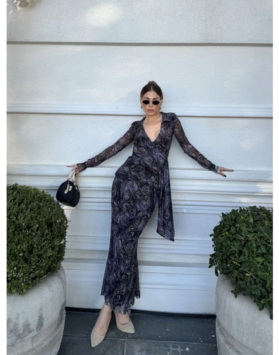 Kruvaze V yaka, fırfırlı ve bağcıklı Desenli Bluz ve Midi Etek Takım - Siyah