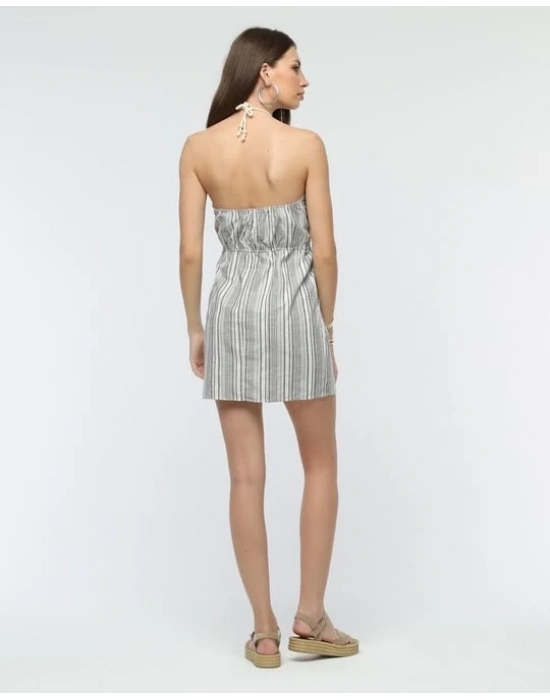 Kuşaklı çizgili mini keten elbise