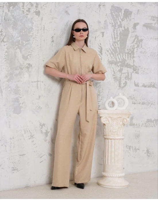 Kuşaklı gömlek yaka salaş tulum bej s255822