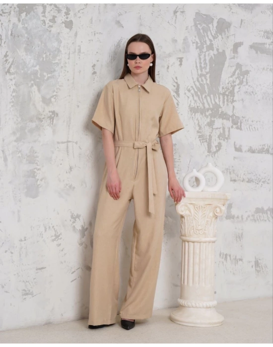 Kuşaklı gömlek yaka salaş tulum bej s255822