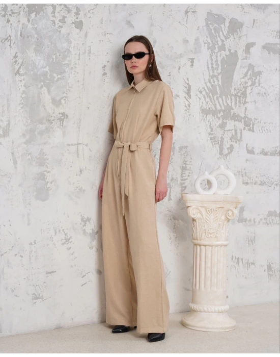 Kuşaklı gömlek yaka salaş tulum bej s255822