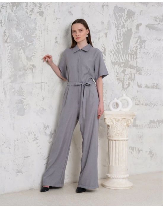Kuşaklı gömlek yaka salaş tulum gri s255822