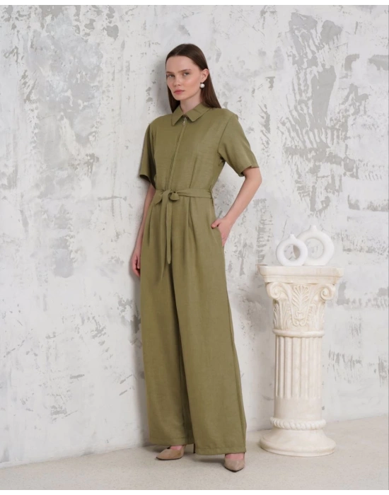 Kuşaklı gömlek yaka salaş tulum haki s255822