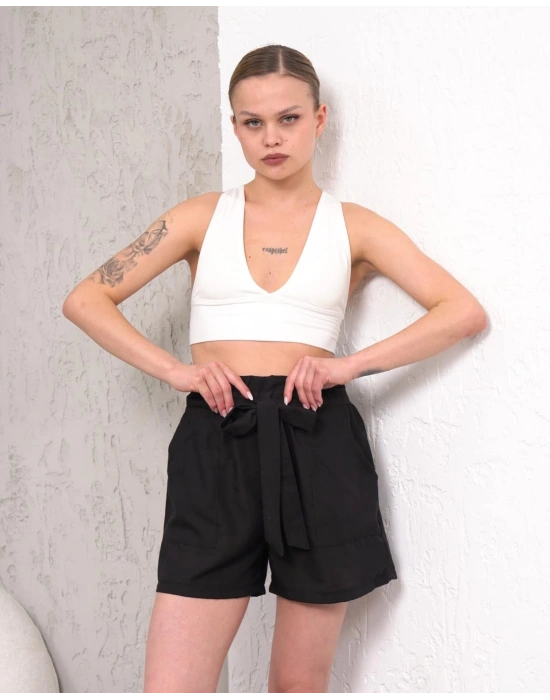 Kuşaklı keten şort siyah s255265